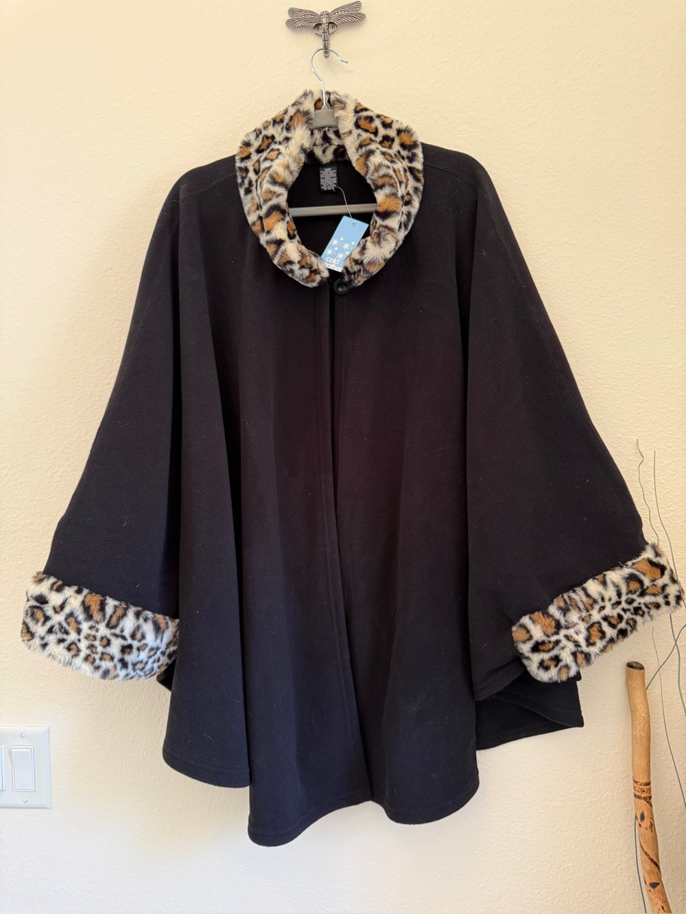 Leopard Faux Fur Trim Poncho Cape Jacket Black NWT L XL